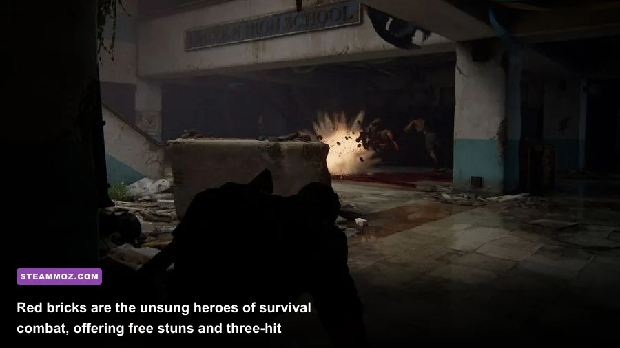 Joel preparing to throw a red brick at an infected Clicker down a ruined corridor