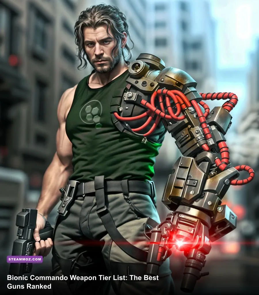 Nathan Spencer swinging through Ascension City in Bionic Commando