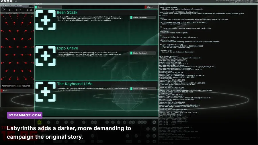 Hacknet Labyrinths DLC mission displayed in the game's terminal interface
