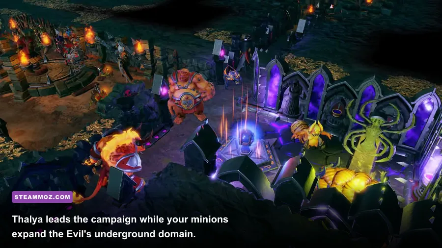 Dungeons 3 Lord of the Kings campaign screenshot featuring Thalya and dungeon creatures