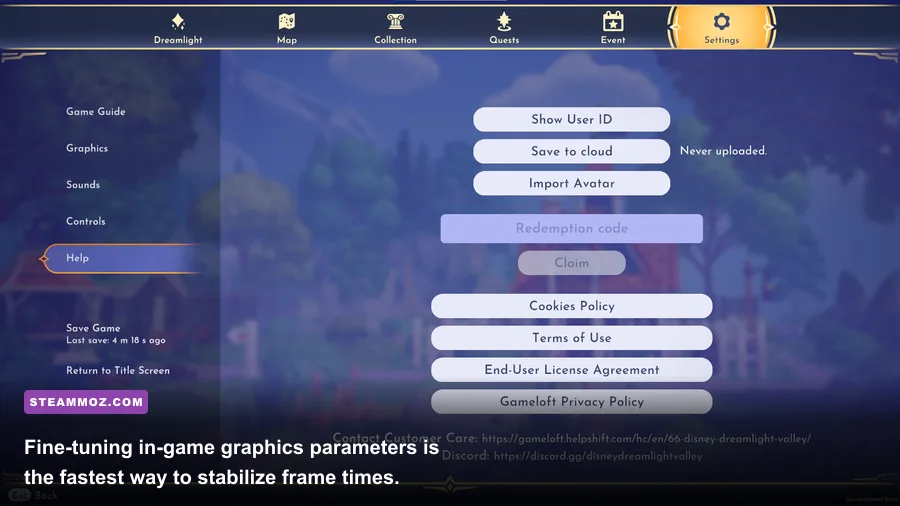 In-game graphics settings interface of Disney Dreamlight Valley showing display options