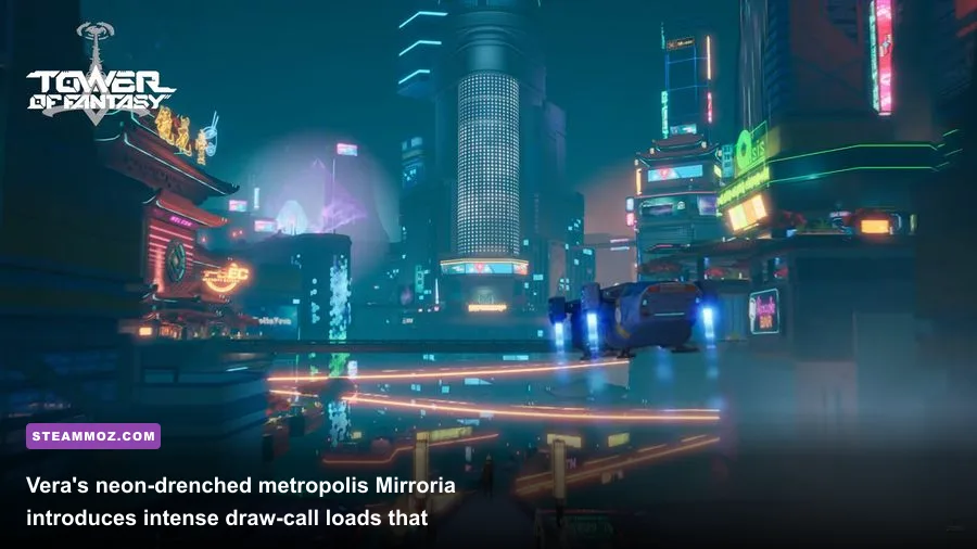 Cyberpunk metropolis Mirroria in Tower of Fantasy with neon reflections