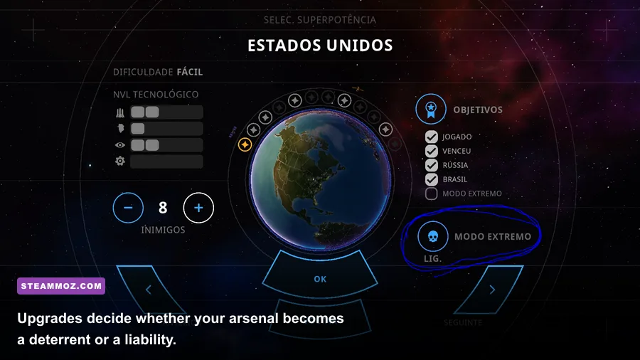 First Strike Classic upgrade menu showing nuclear arsenal and territory improvements