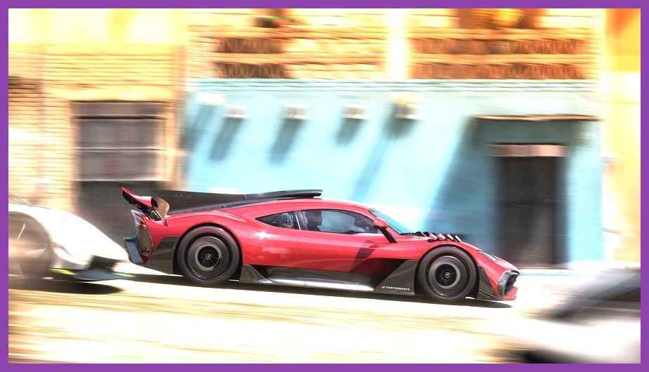 Hypercar speeding on the Goliath circuit during a long endurance race in FH5