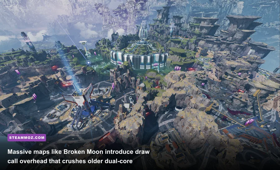 Sprawling vista of Broken Moon map in Apex Legends showing high draw distance