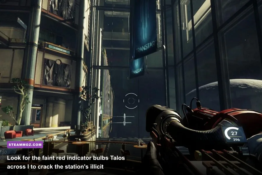 Morgan Yu inspecting a hidden red-light smuggler dead drop panel in Prey
