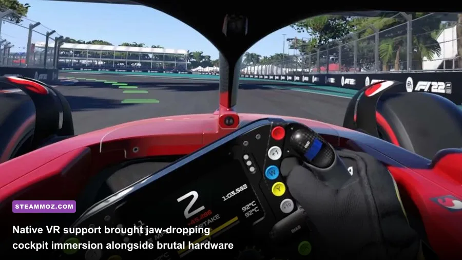 Native PC VR cockpit perspective driving through the Miami International Autodrome in F1 22