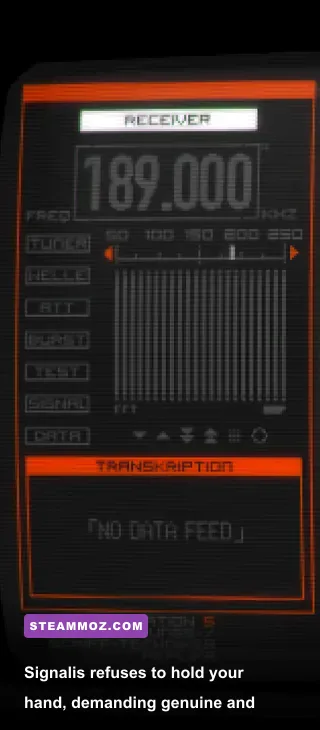 Signalis puzzle screen showing frequency tuning on an analog CRT monitor interface