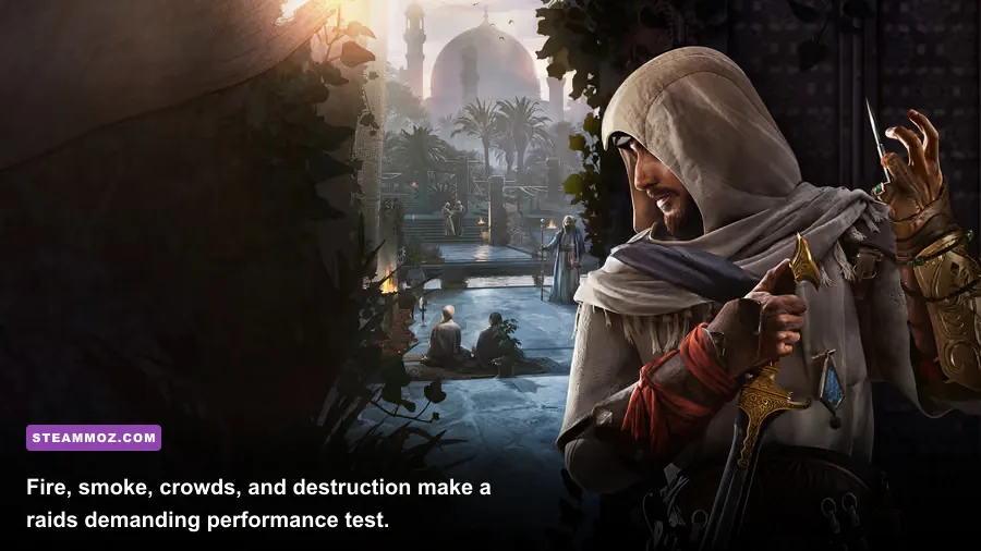 Assassin's Creed Valhalla PC raid with fire, smoke, and multiple characters on screen