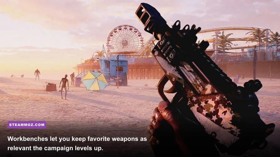 Dead Island 2 weapon workbench showing mods and perks