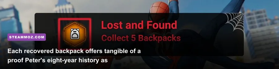 Inspection screen showing a backpack collectible with Marvel lore items in Spider-Man Remastered