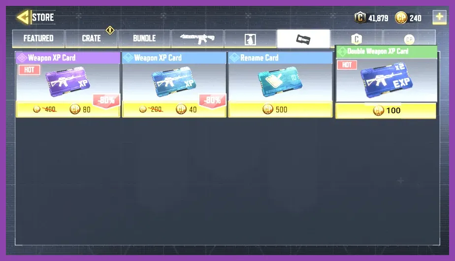 Call of Duty Mobile inventory menu displaying 24-Hour and 10-Match Double XP Cards