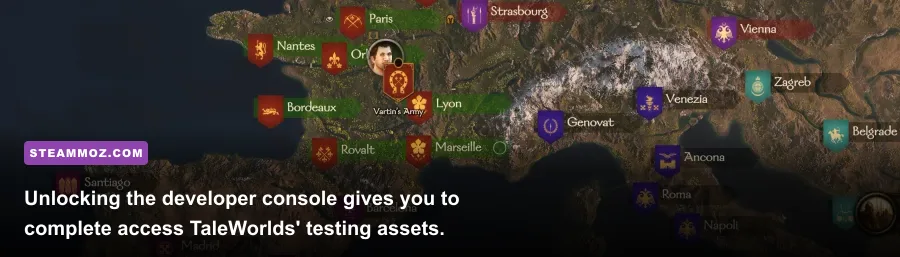 In-game campaign map showing open developer debug console in Bannerlord