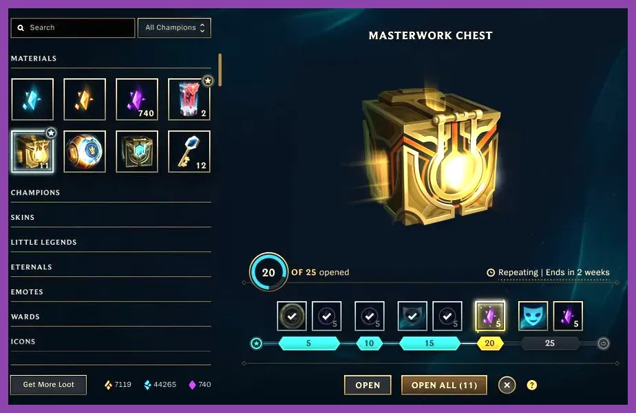 Masterwork Chest milestone progression bar showing Mythic Essence rewards