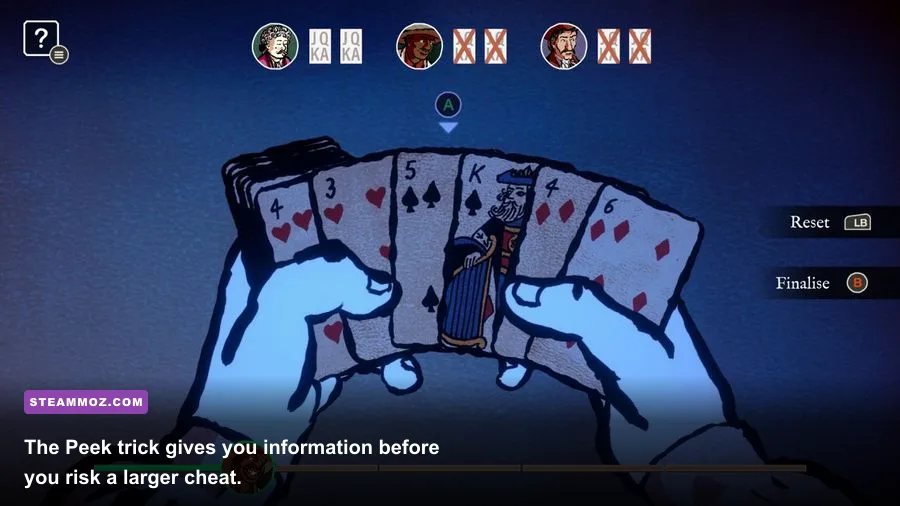 Card Shark Peek cheating trick gameplay with the player inspecting an opponent's cards