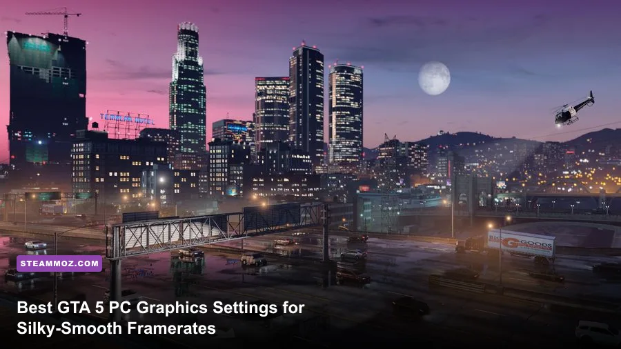 GTA 5 PC running with high graphics settings overlooking the Los Santos skyline