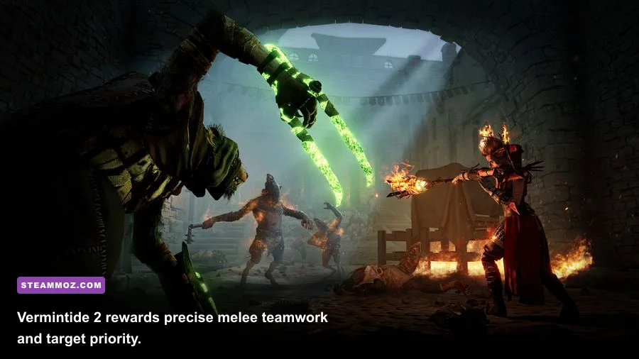Four Vermintide 2 heroes battling Skaven inside a dark castle