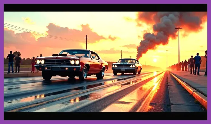 CarX Street B-tier muscle car lined up for a drag race at sunset