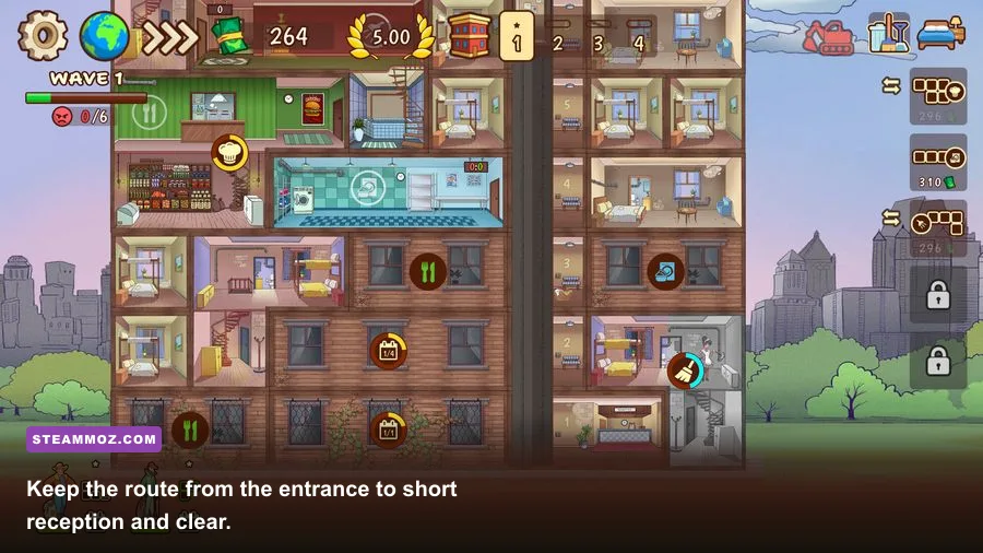 Check Inn reception area layout showing the front desk, entrance, and guest path