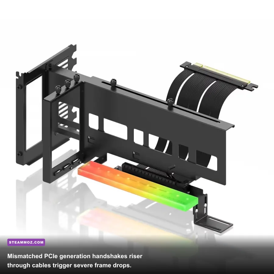 Vertical graphics card mount showing PCIe riser cable connected to motherboard