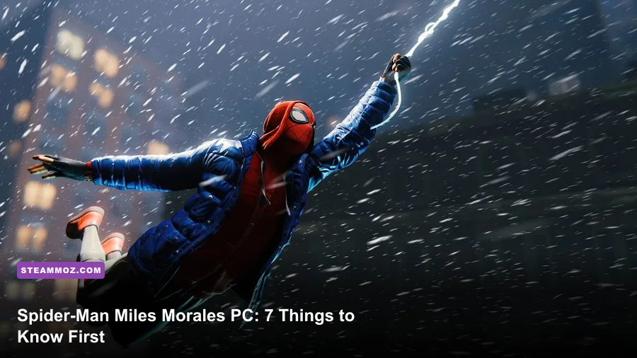 Miles Morales swinging through snowy Manhattan in Spider-Man Miles Morales PC