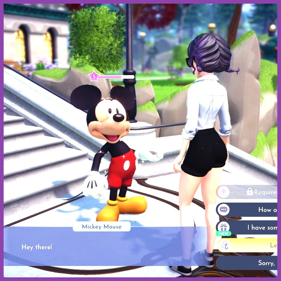 Player character leveling up friendship with Mickey Mouse in Disney Dreamlight Valley