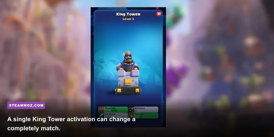 Clash Royale King Tower activated by Tornado against a Goblin Barrel attack