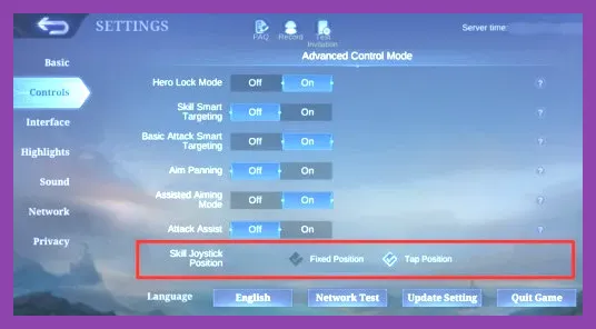 Mobile Legends control interface and targeting options
