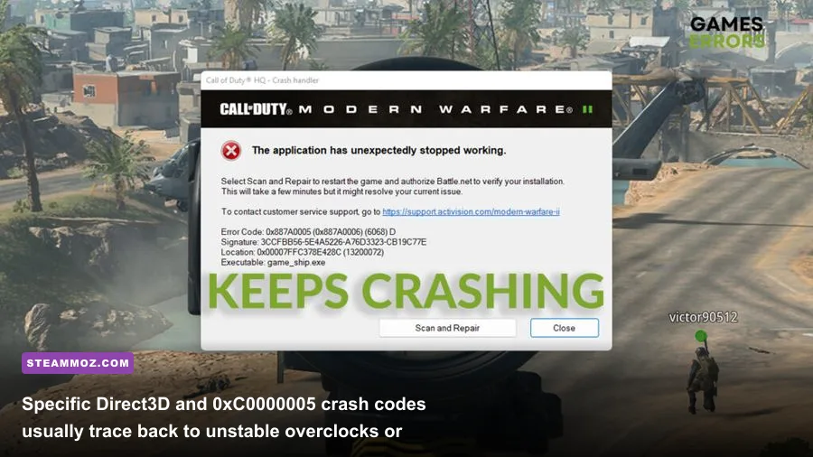 Windows desktop error box displaying Direct3D device lost crash error in Modern Warfare 2