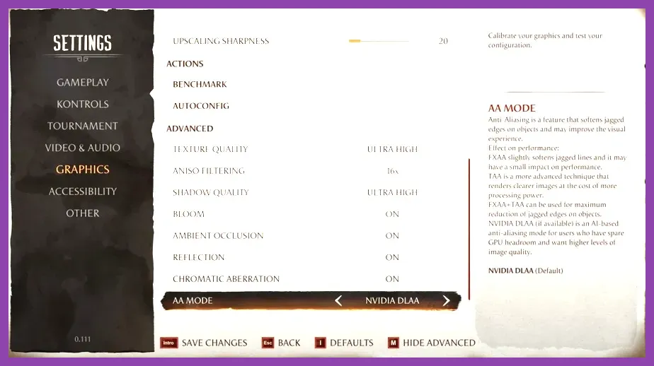 Mortal Kombat 1 PC graphics configuration settings menu