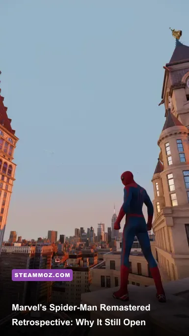 Spider-Man swinging through the Manhattan skyline at sunset in Marvel's Spider-Man Remastered PC