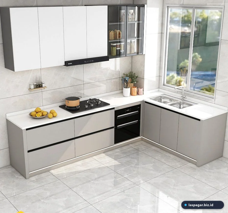 kitchen set aluminium model L shape untuk sudut dapur sempit