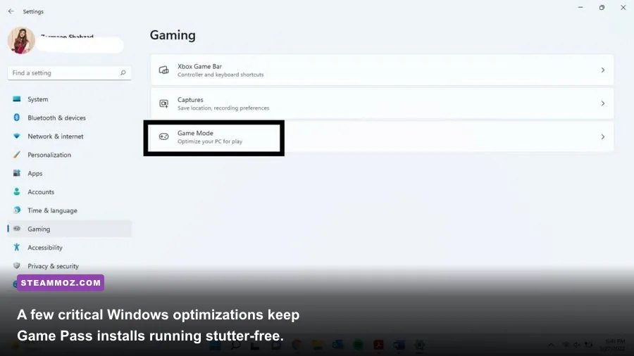 Windows 11 Xbox app interface and game file delivery settings