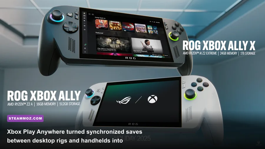 A desktop PC and a gaming handheld displaying seamless cross-progression on the Xbox app