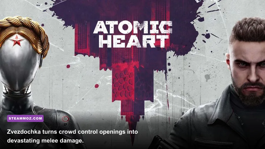 Atomic Heart Zvezdochka heavy axe being used against a robot
