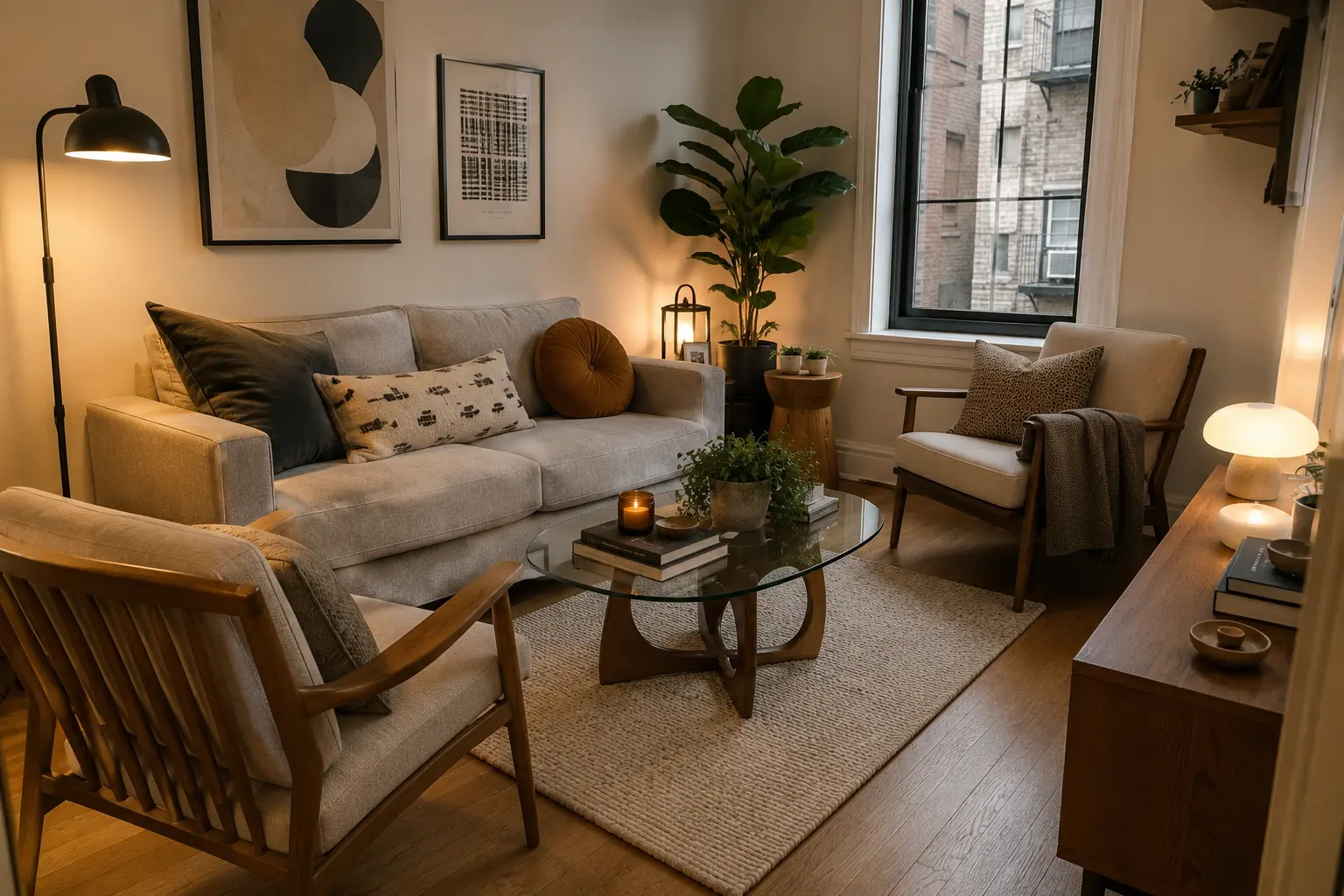 small cozy apartment living room with a small rug anchoring only the coffee table, maintaining close visual connection to the sofa