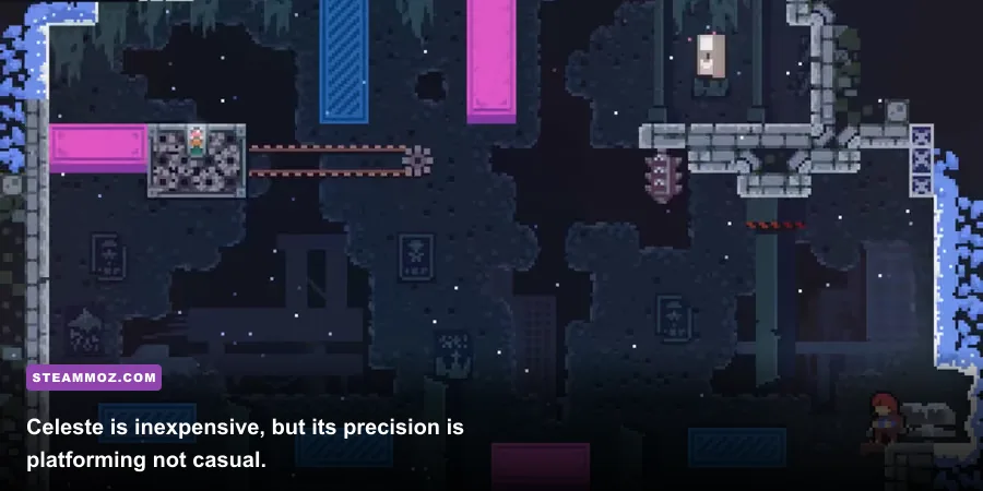 Celeste B-Side platforming room with spikes and moving obstacles