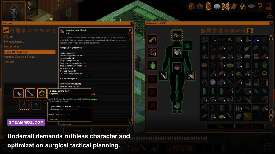 Underrail inventory and deep crafting interface