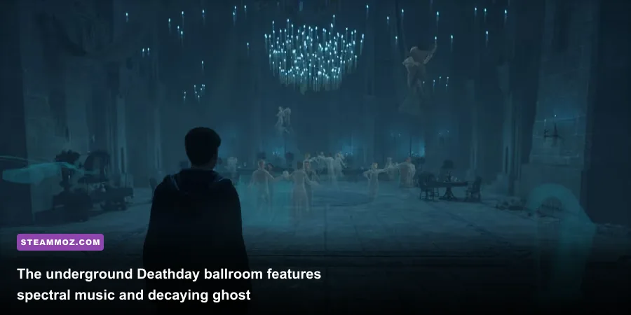 Ghosts dancing in the secret cold blue Deathday Party cellar in Hogwarts Legacy