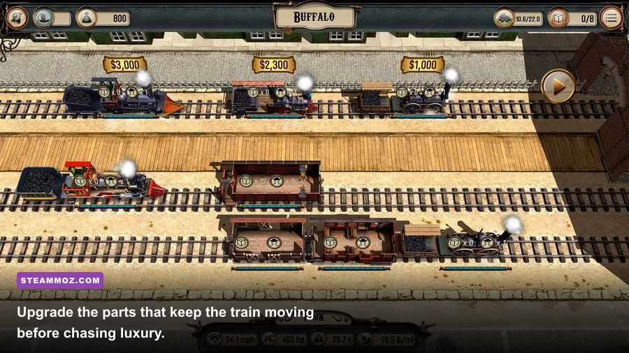 Bounty Train locomotive upgrade and train customization screen