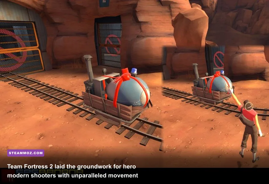 Team Fortress 2 chaotic payload fight on Badwater Basin with rockets and sentry guns