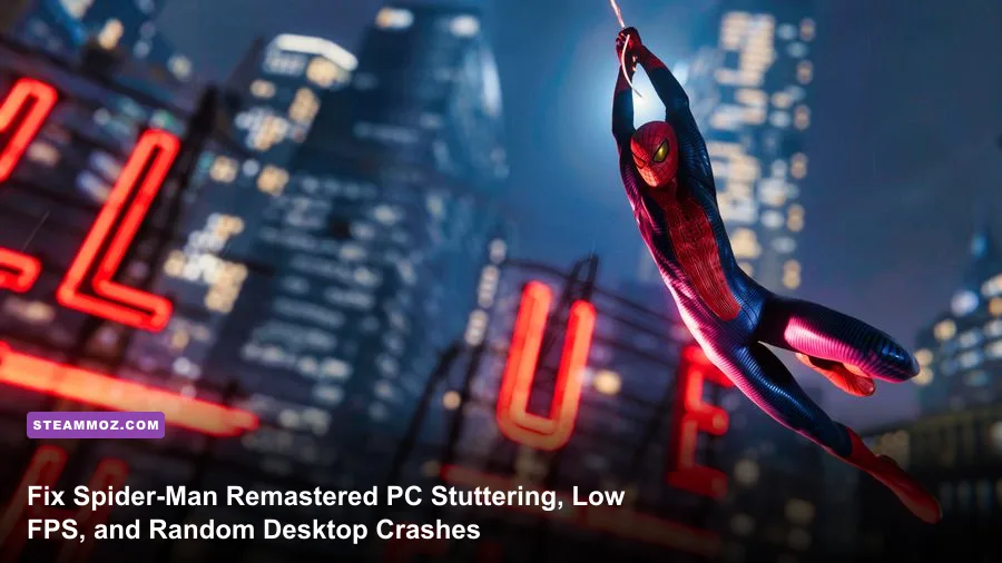 Spider-Man swinging between skyscrapers in Marvel's Spider-Man Remastered on PC