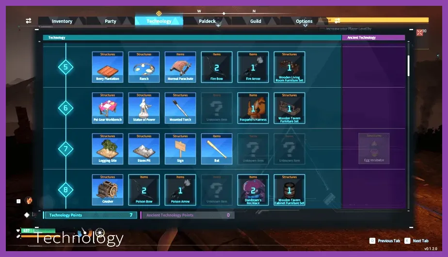 Palworld Technology Tree UI showing unlocked crafting recipes and stat points