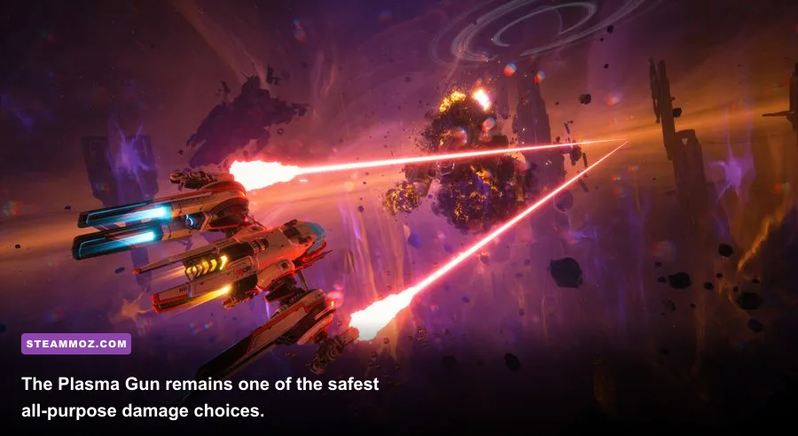 EVERSPACE 2 plasma gun destroying an enemy fighter in space