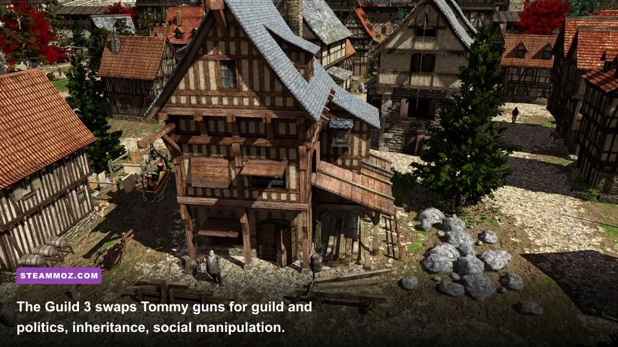 The Guild 3 gameplay showing a medieval dynasty and expanding businesses