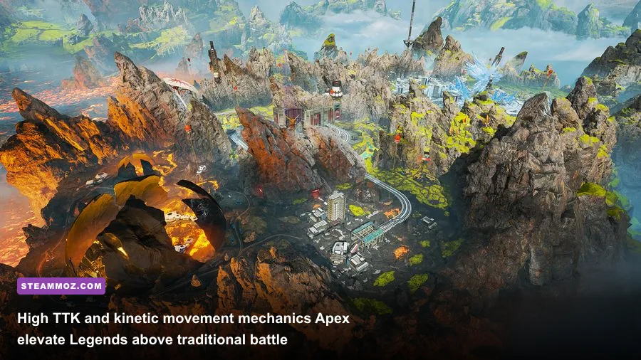 Apex Legends skirmish in World's Edge showing slide jumps and vertical zip line fights