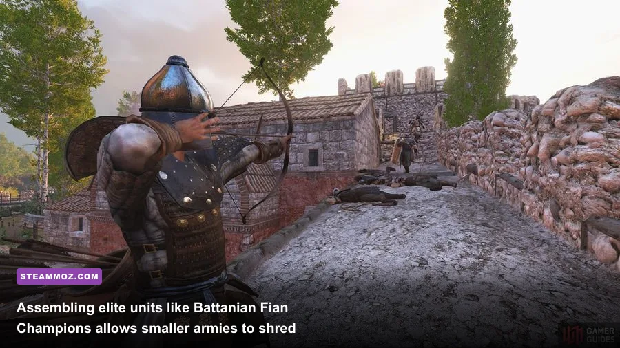 Battanian Fian Champions unleashing longbow volleys across a valley in Bannerlord