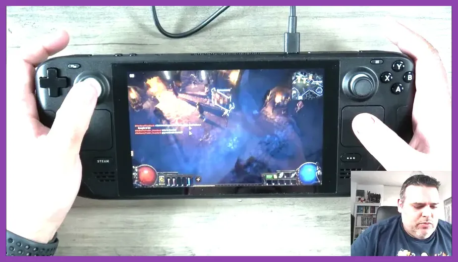 Path of Exile party of four exploring a map on Steam Deck with skill icons visible