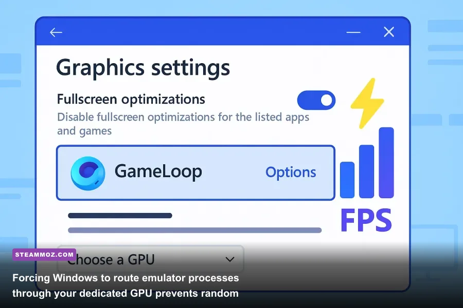 Windows Graphics Settings panel assigning high-performance GPU to GameLoop Android emulator