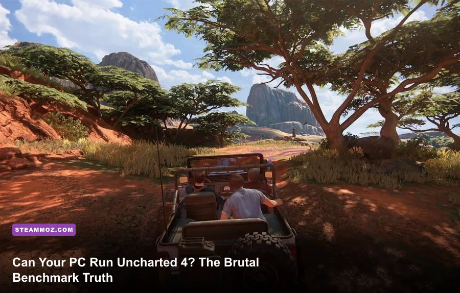 Nathan Drake driving an off-road jeep across the muddy terrain of Madagascar in Uncharted 4 PC